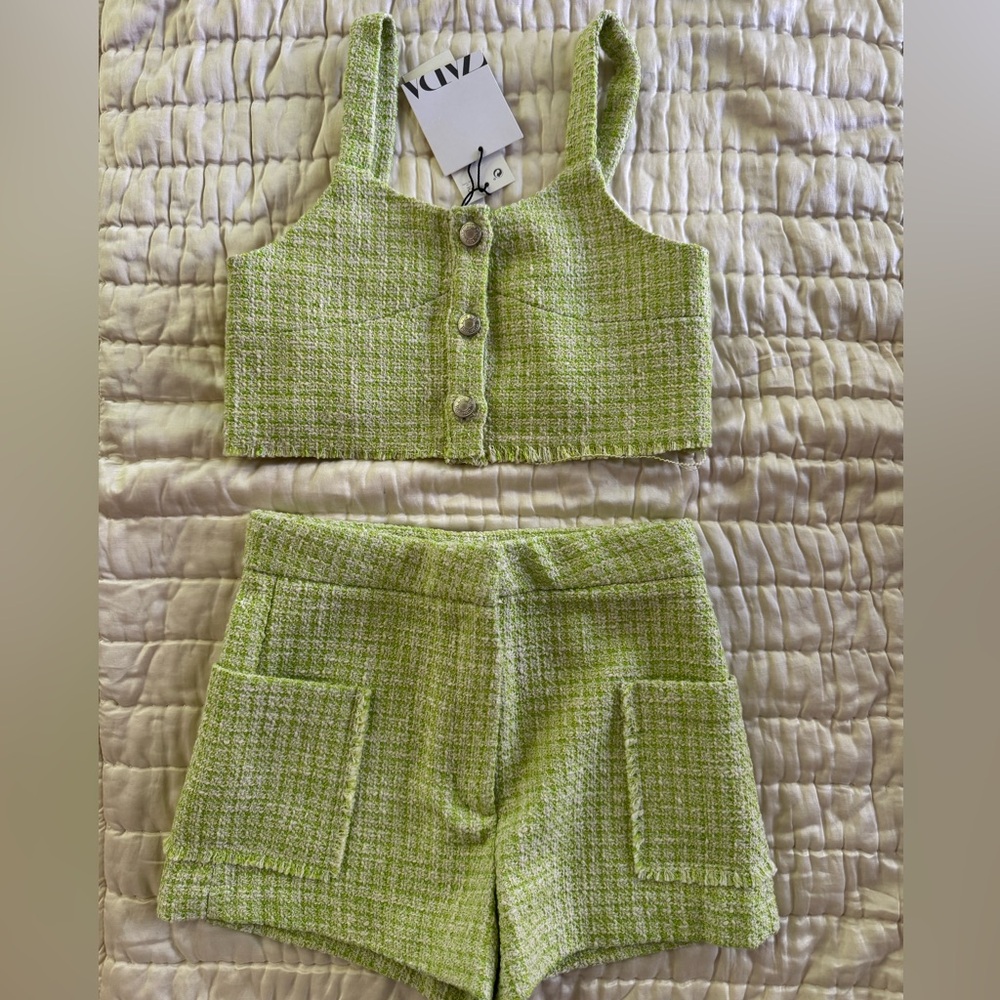 Zara Lime Tweed Top with Button Detail